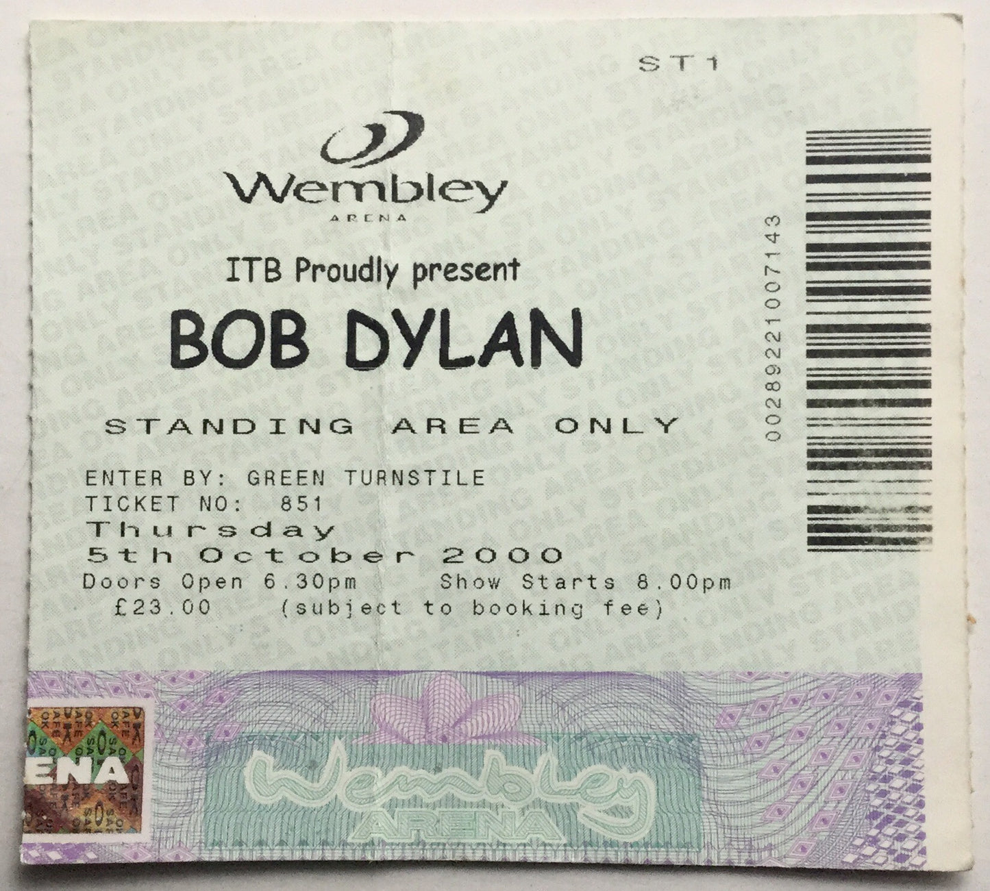 Bob Dylan Original Used Concert Ticket Wembley Arena London 5th Oct 2000