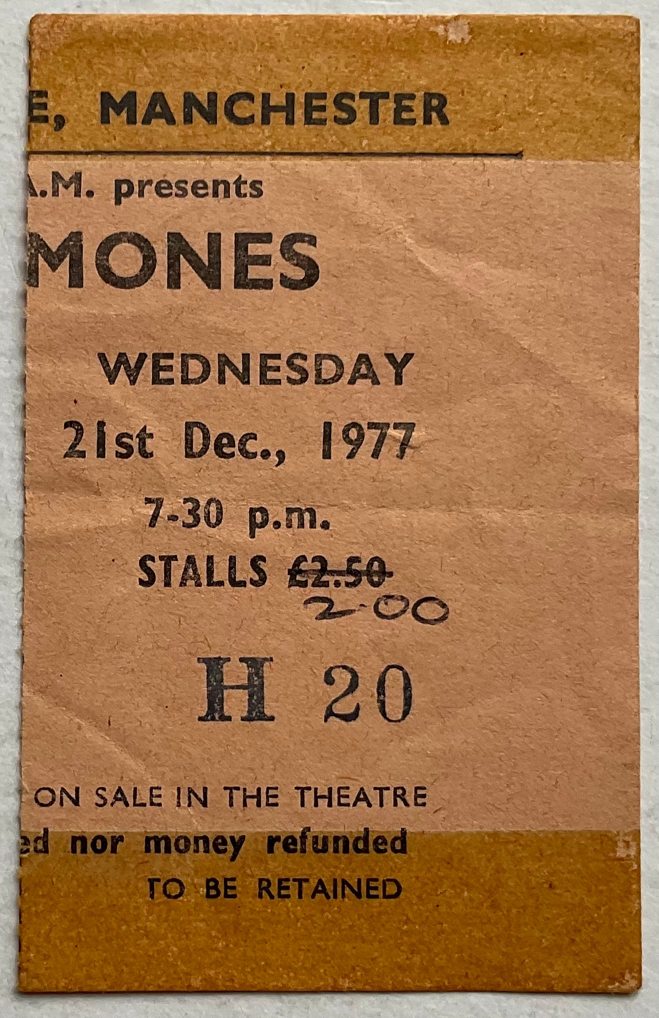 Ramones Rezillos Original Used Concert Ticket Apollo Theatre Manchester 1977