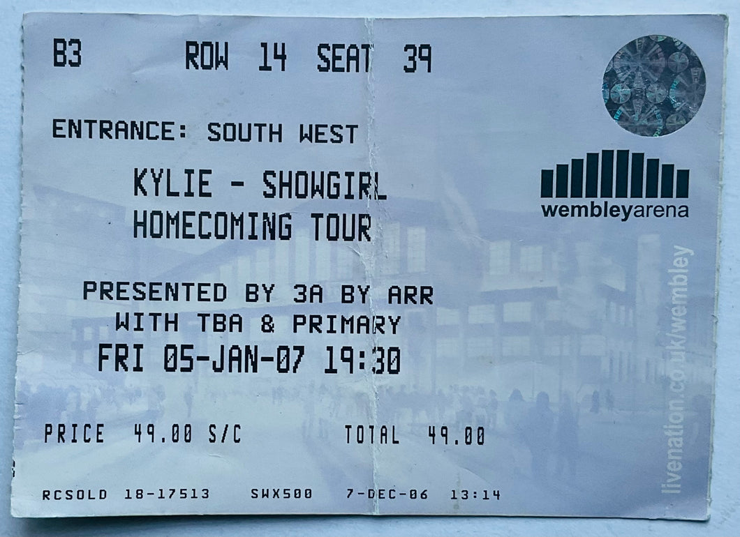 Kylie Minogue Original Used Concert Ticket Wembley Arena London 5th Jan 2007