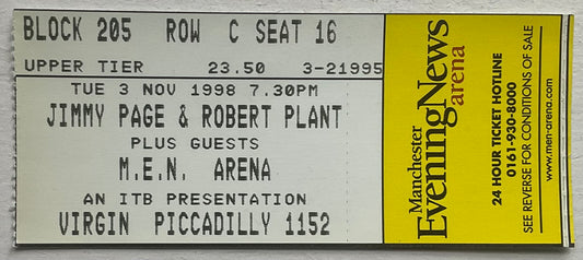 Led Zeppelin Robert Plant Jimmy Page Original Used Concert Ticket MEN Arena Manchester 3rd Nov 1998