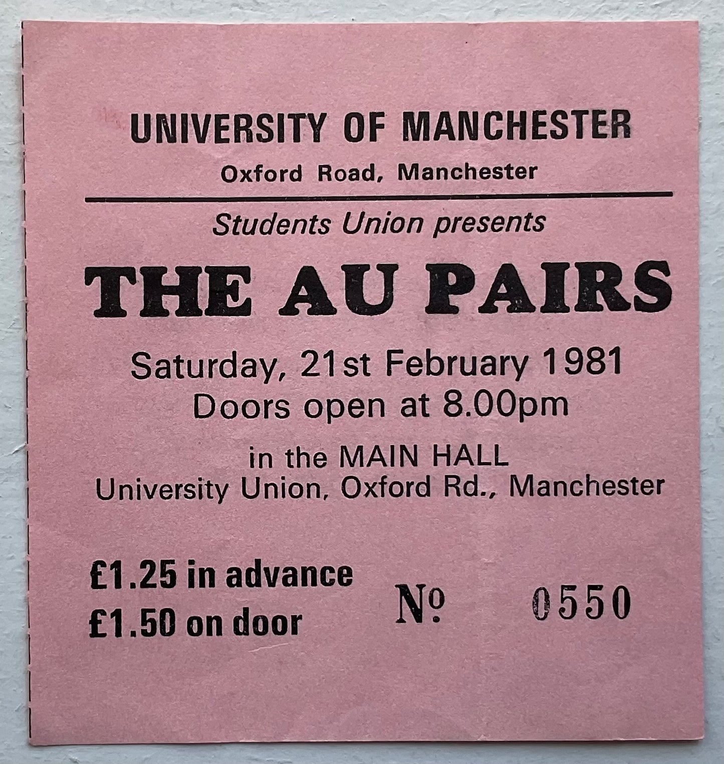 Au Pairs Original Used Concert Ticket University of Manchester 1981