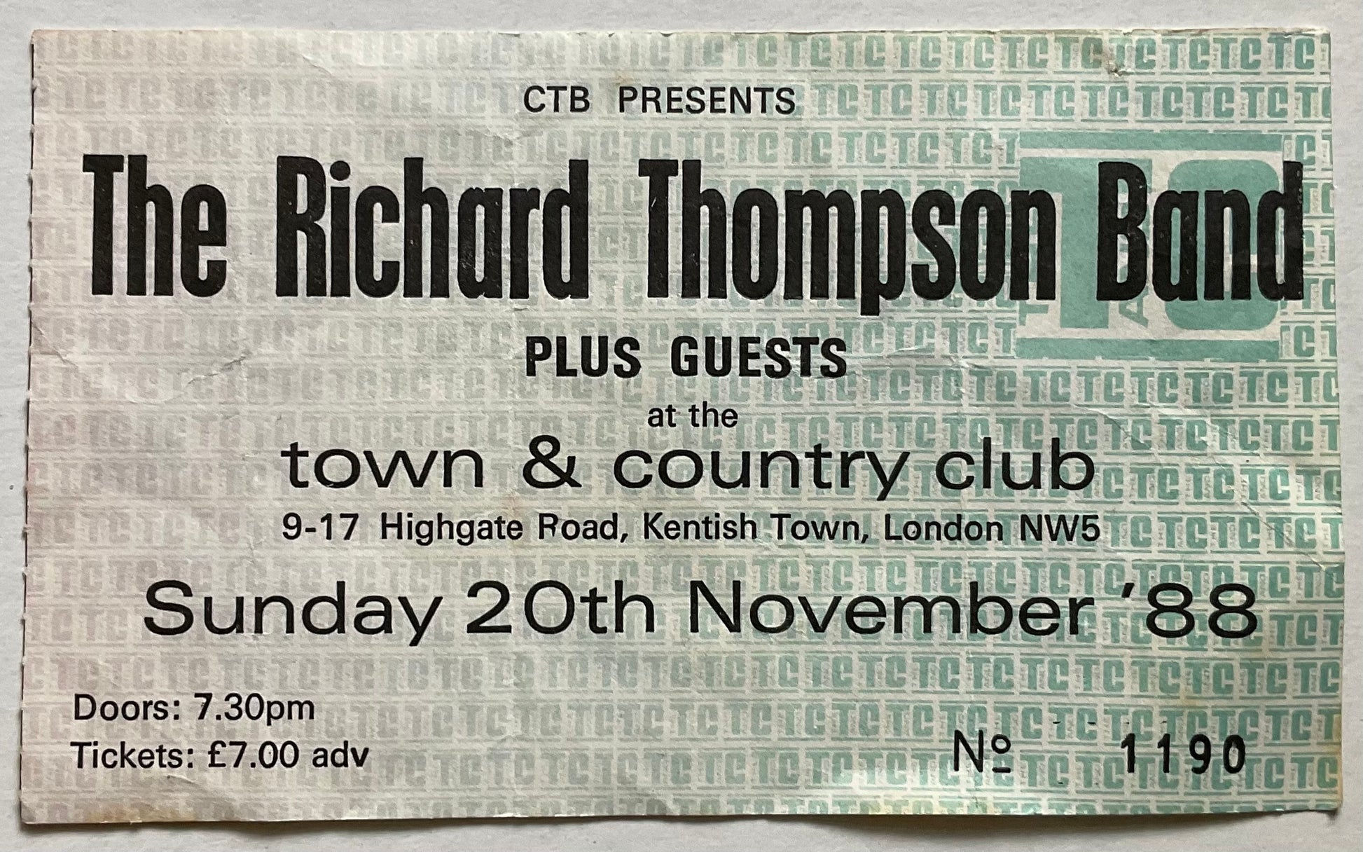Richard Thompson Band Original Used Concert Ticket Town & Country Club London 20th Nov 1988