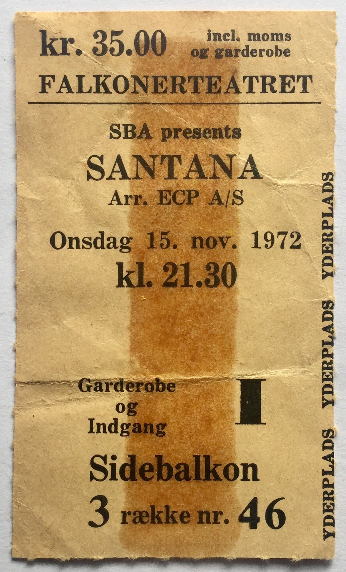 Santana Original Concert Ticket Falkoner Teatret Copenhagen 15th Nov 1972