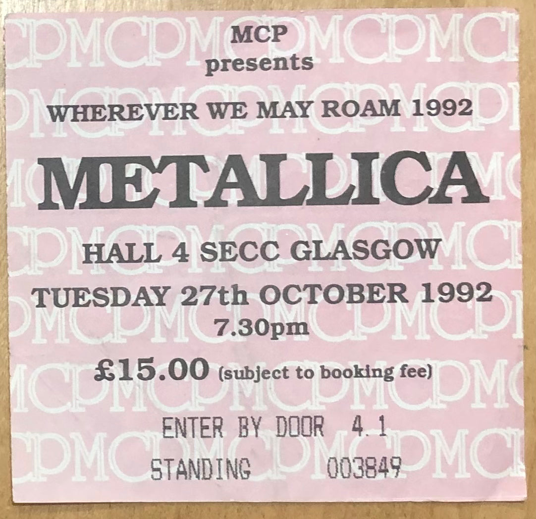 Metallica Original Used Concert Ticket SECC Glasgow 27th Oct 1992