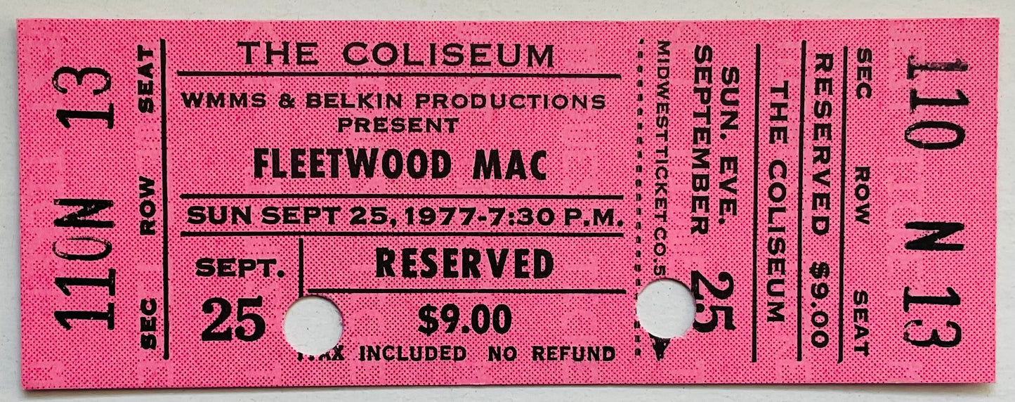 Fleetwood Mac Original Unused Concert Ticket Richfield Coliseum 25th Sep 1977