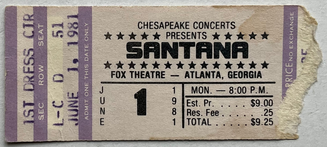 Santana Original Used Concert Ticket Fox Theatre Atlanta 1st Jun 1981