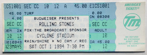 Rolling Stones Original Unused NMint Concert Ticket Cyclone Stadium Ames 1st Oct 1994