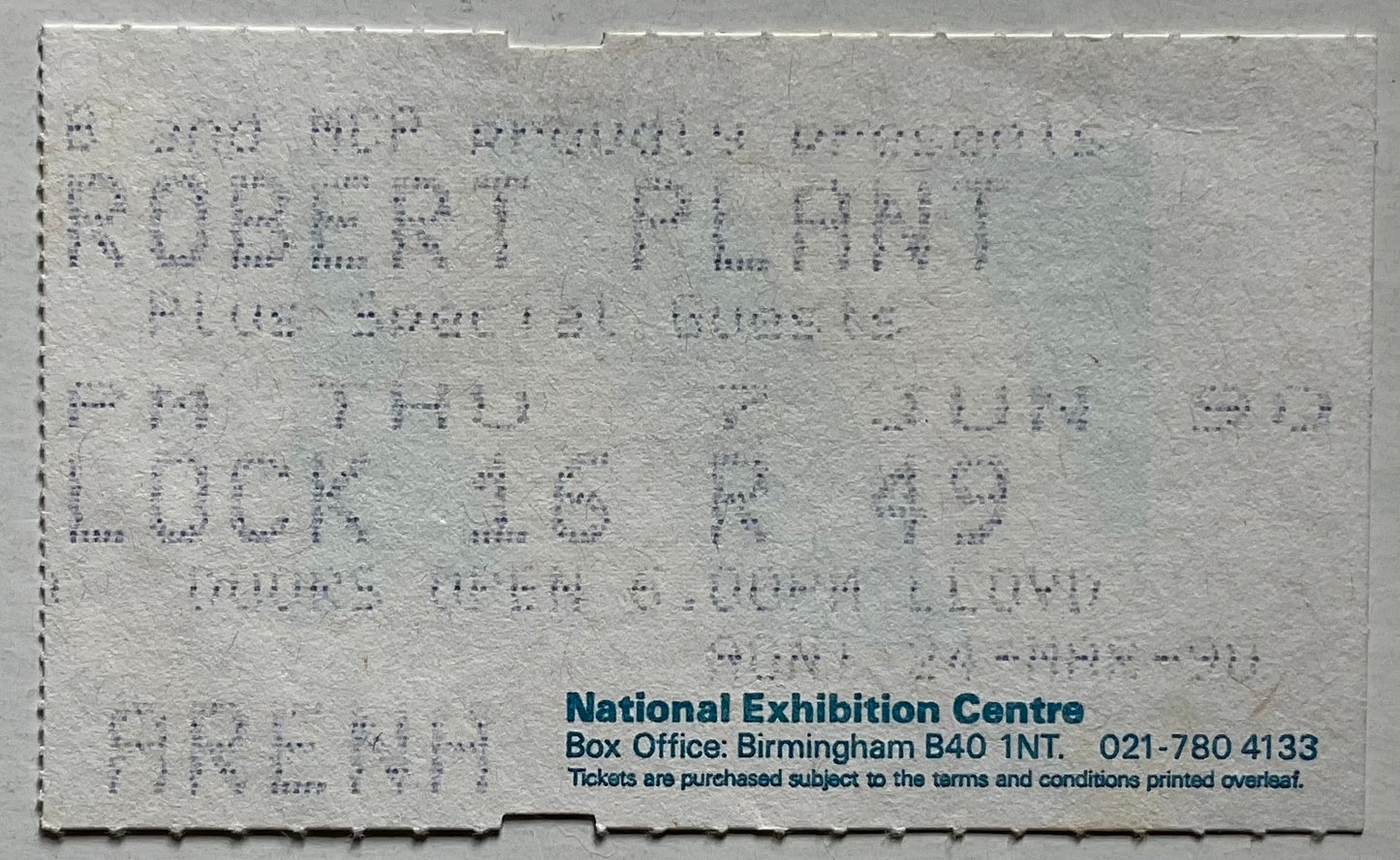 Led Zeppelin Robert Plant Original Used Concert Ticket NEC Birmingham 7th June 1990