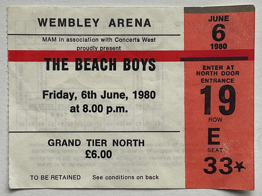 Beach Boys Original Used Concert Ticket Wembley Arena London 6th June 1980