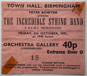 Incredible String Band Original Used Concert Ticket Town Hall Birmingham 8th Oct 1971