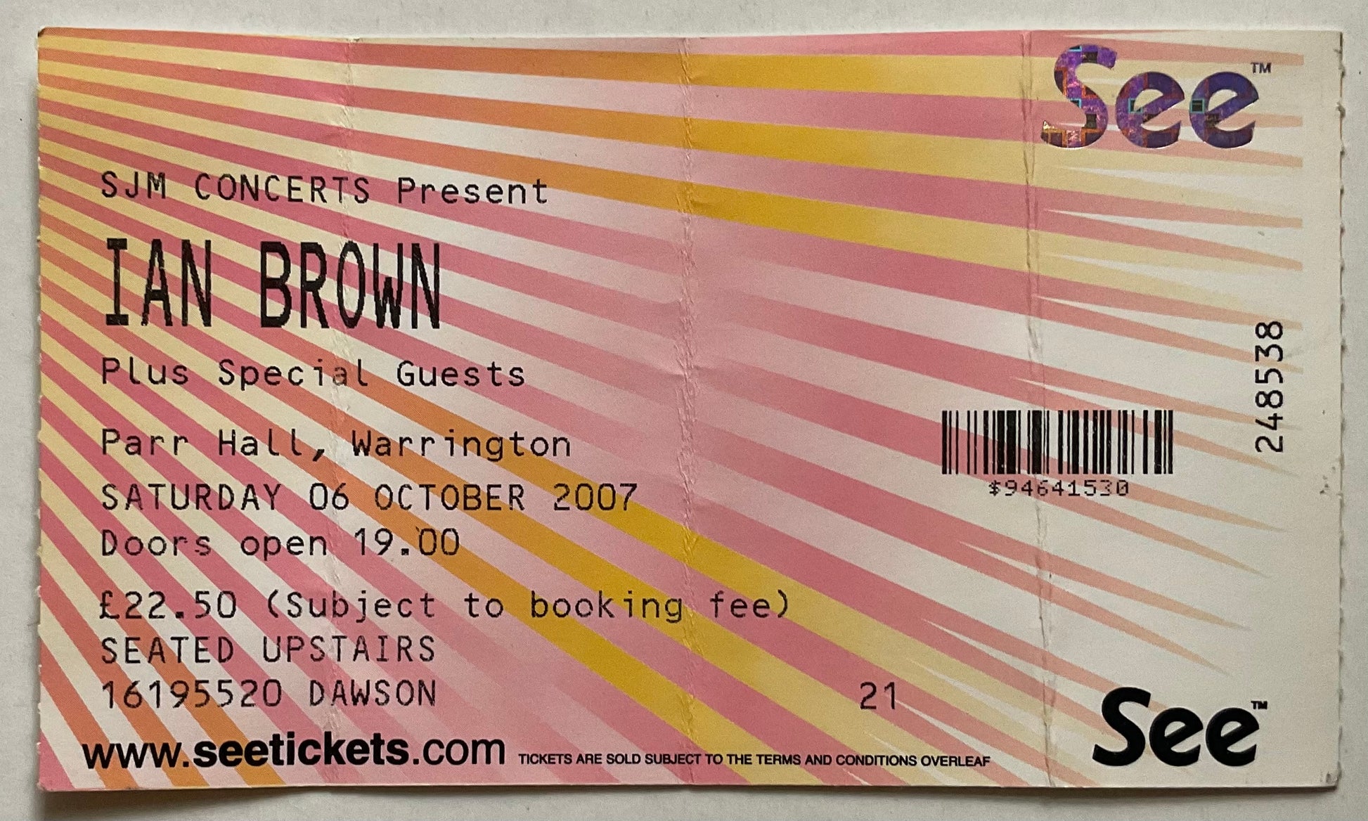 Stone Roses Ian Brown Original Used Concert Ticket Parr Hall Warrington 6th Oct 2007
