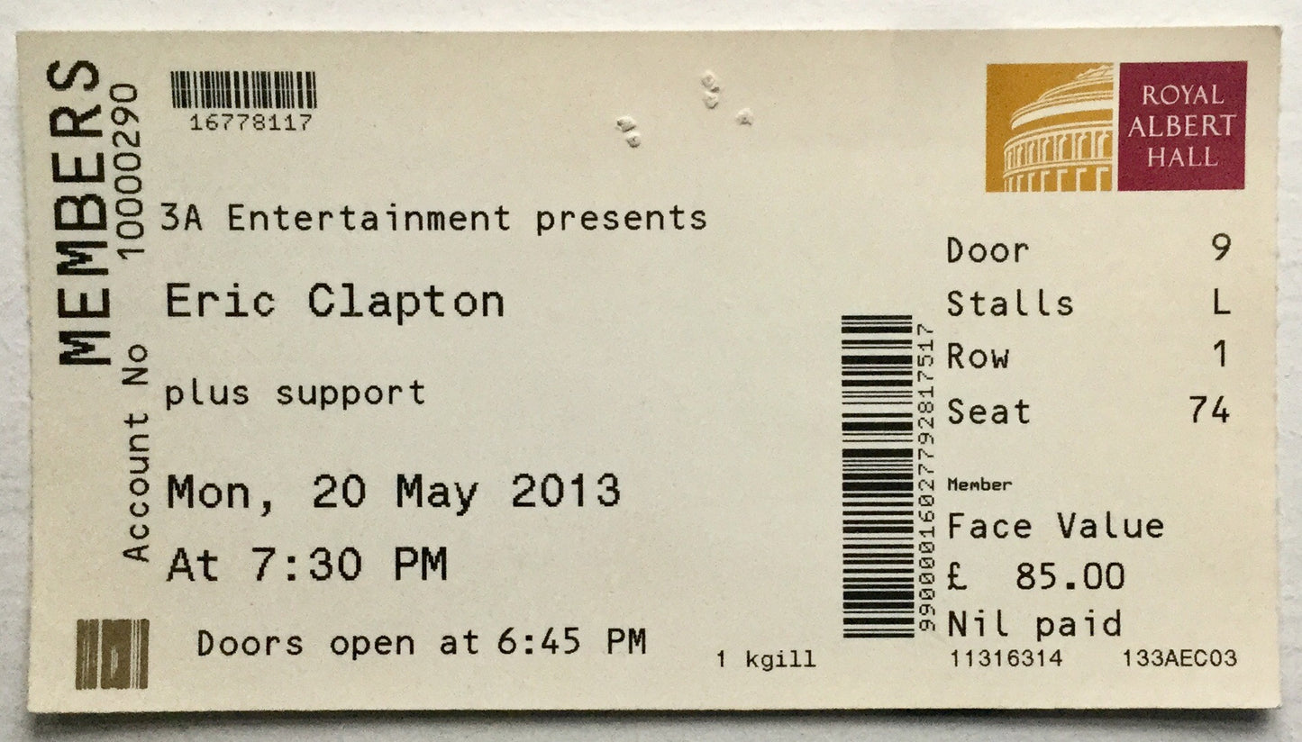 Eric Clapton Original Used Concert Ticket Royal Albert Hall London 20th May 2013