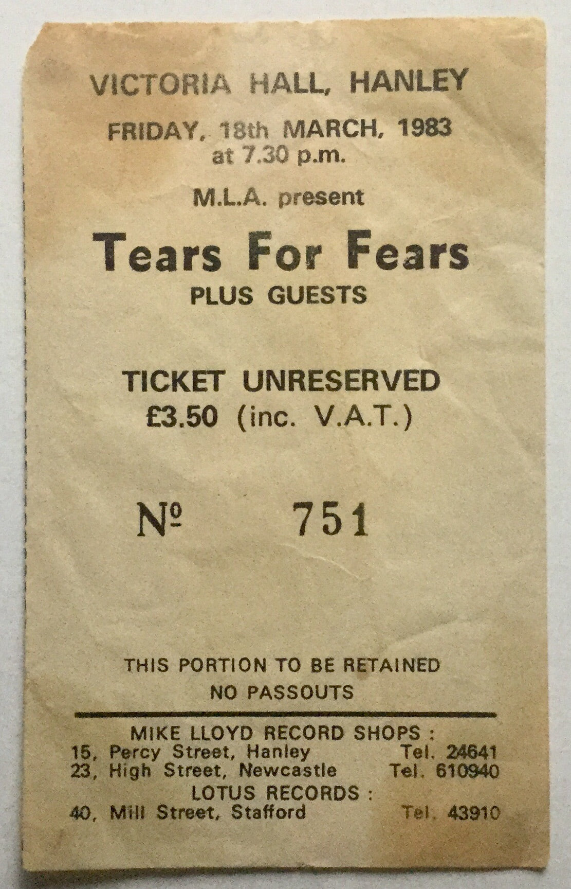Tears For Fears Original Used Concert Ticket Victoria Hall Hanley 18th Mar 1983