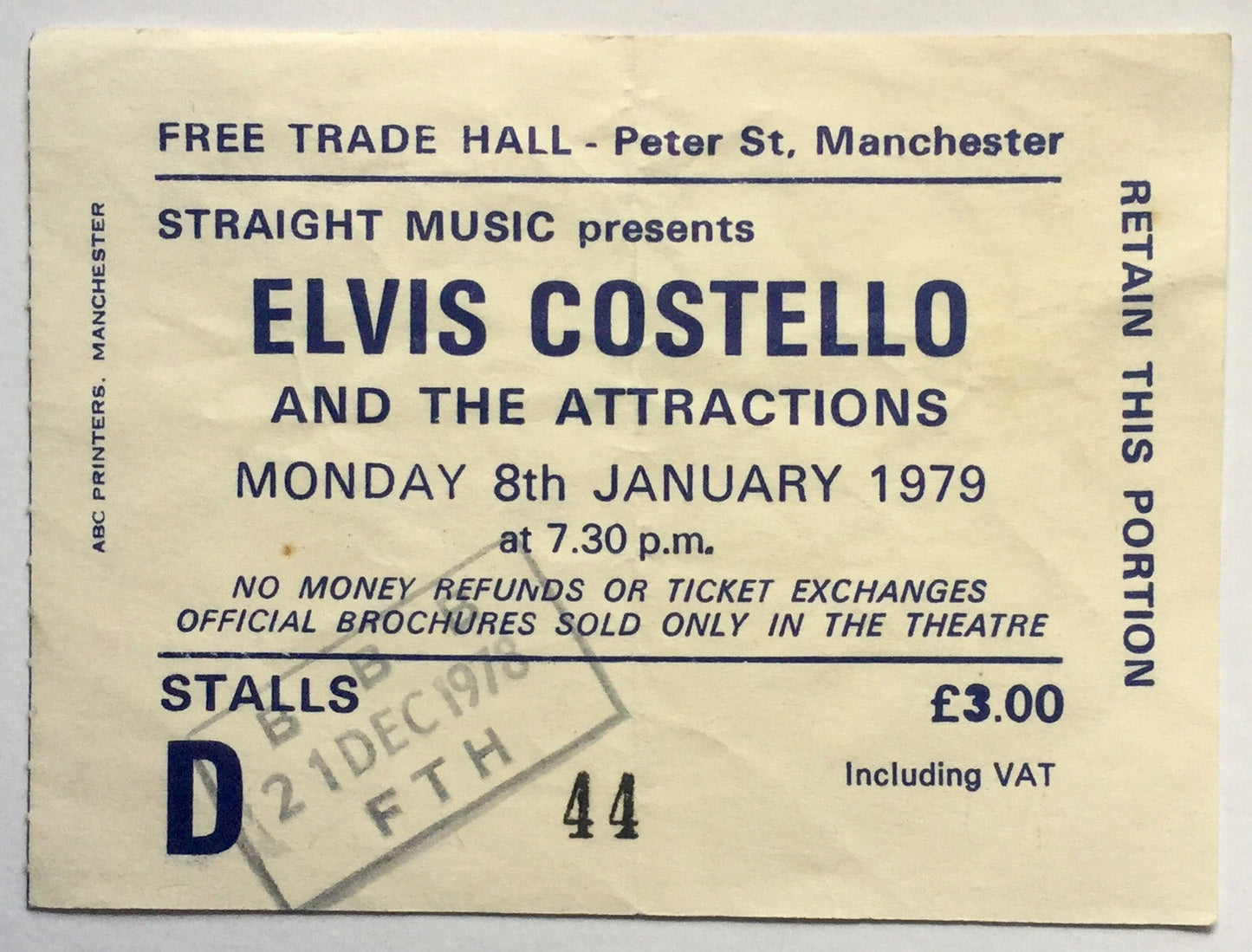 Elvis Costello Original Used Concert Ticket Free Trade Hall Manchester 8th Jan 1979