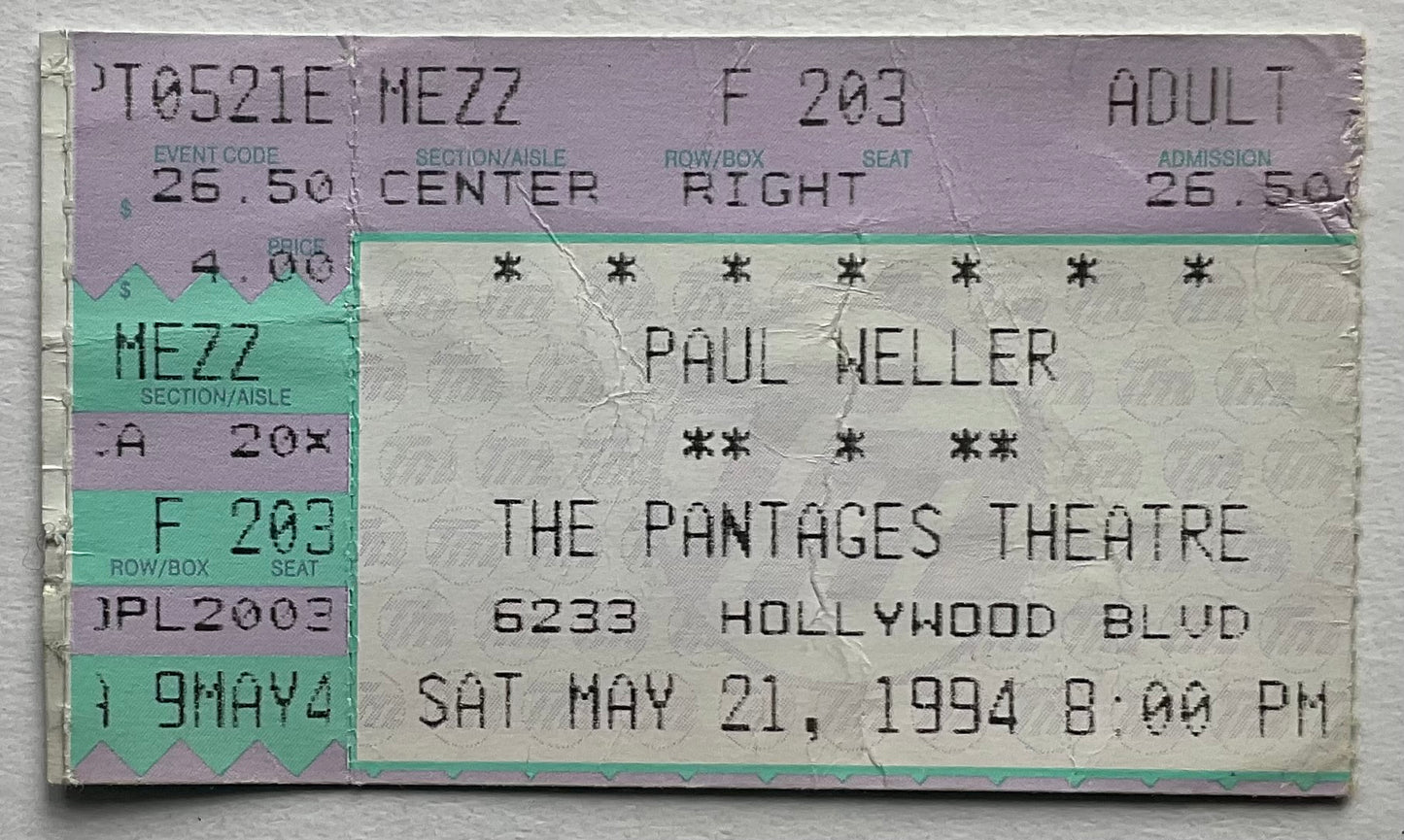 Paul Weller Original Used Concert Ticket Pantages Theatre Los Angeles 21st May 1994