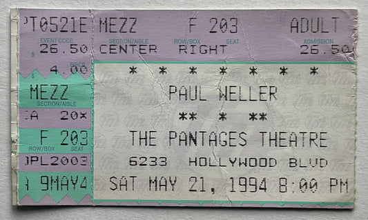 Paul Weller Original Used Concert Ticket Pantages Theatre Los Angeles 21st May 1994