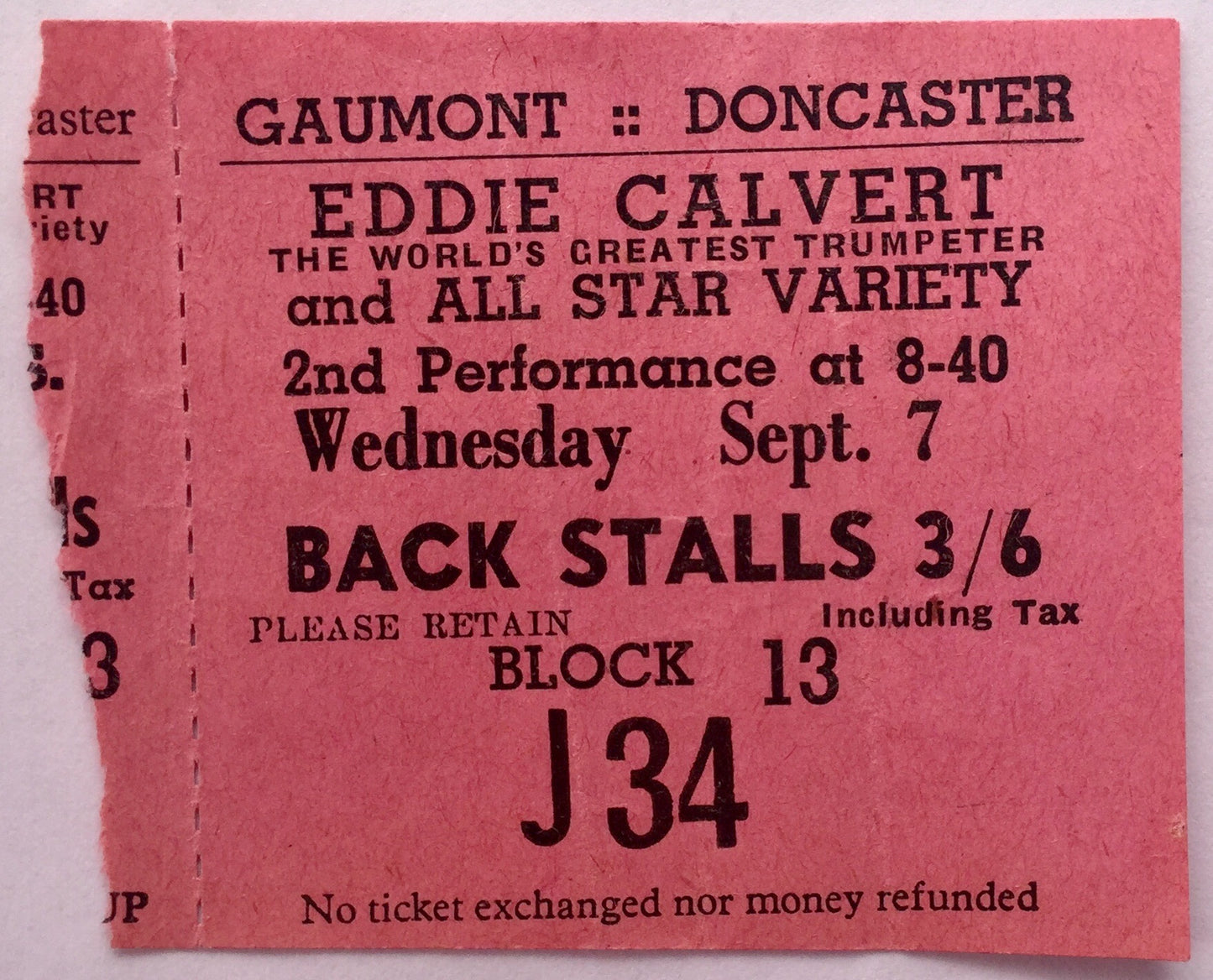 Eddie Calvert Original Used Concert Ticket Gaumont Theatre Doncaster 7th Sept 1955