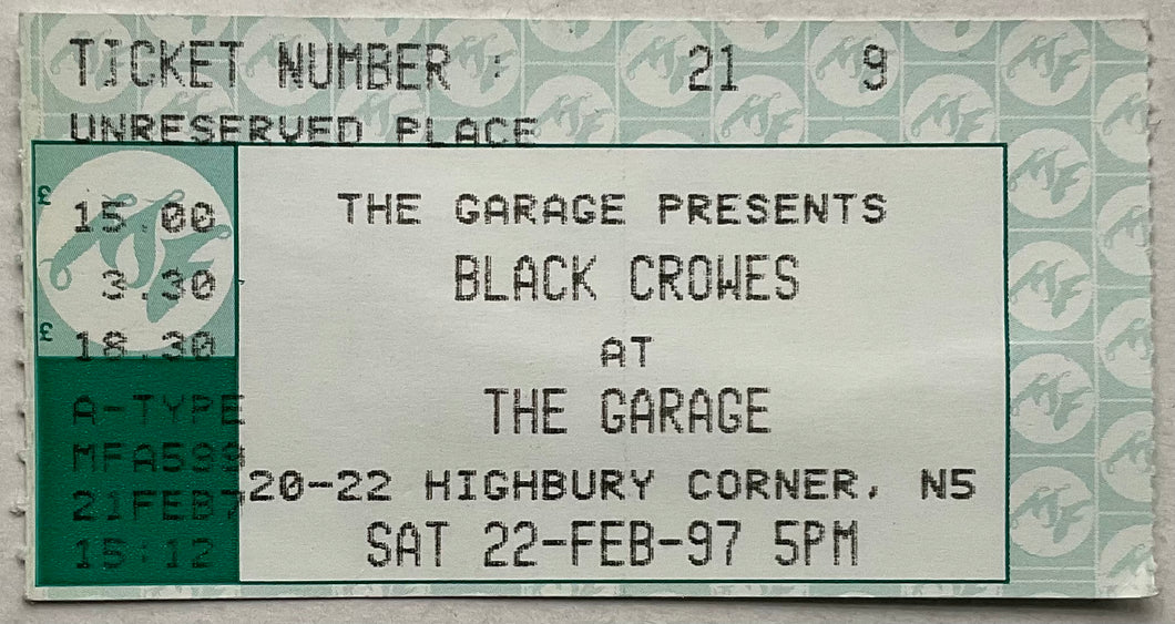 Black Crowes Original Used Concert Ticket Garage London 22nd Feb 1997