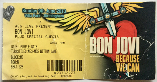 Bon Jovi Original Used Concert Ticket Villa Park Birmingham 9th June 2013