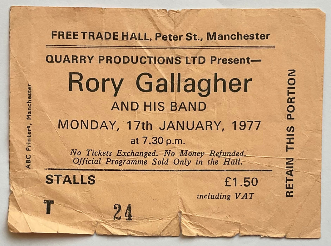 Rory Gallagher Original Concert Ticket Free Trade Hall Manchester 17th Jan 1977