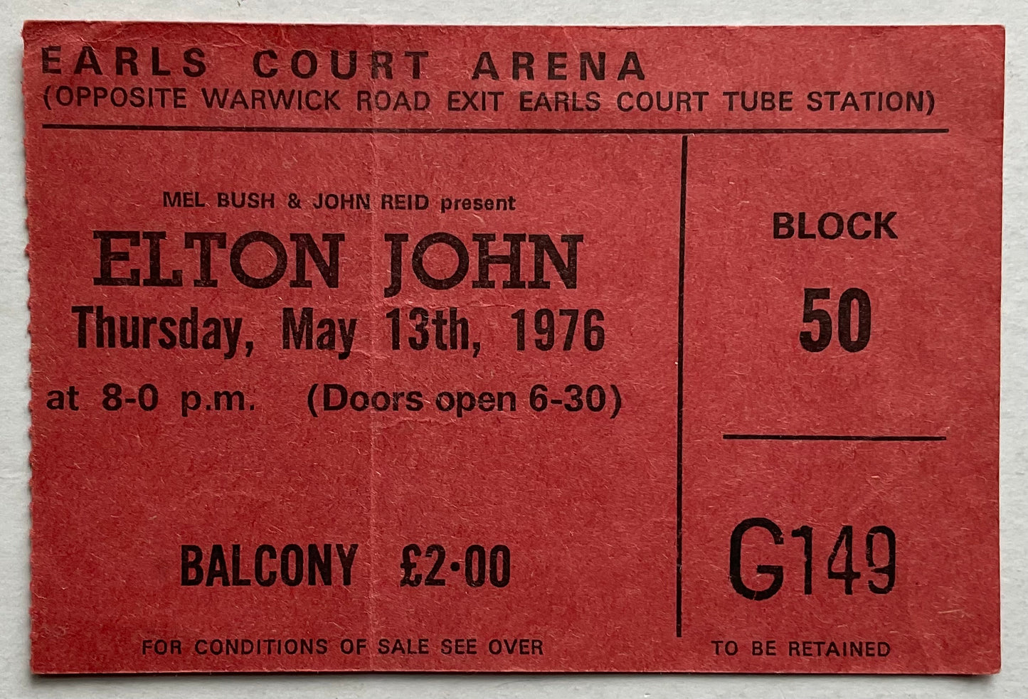 Elton John Original Used Concert Ticket Earls Court Arena London 13 May 1976