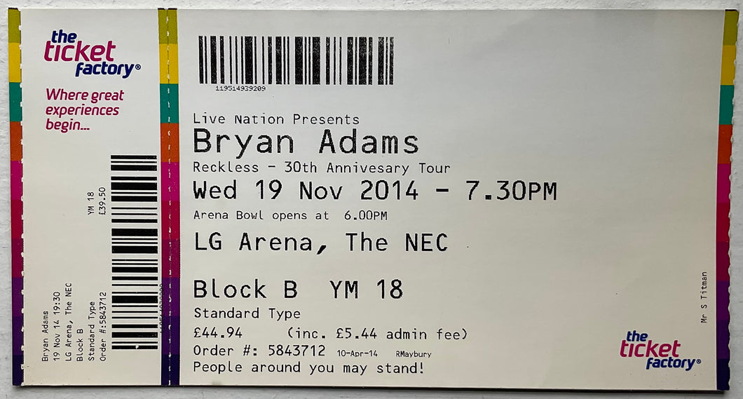 Bryan Adams Original Unused Concert Ticket LG Arena NEC Birmingham 19th Nov 2014