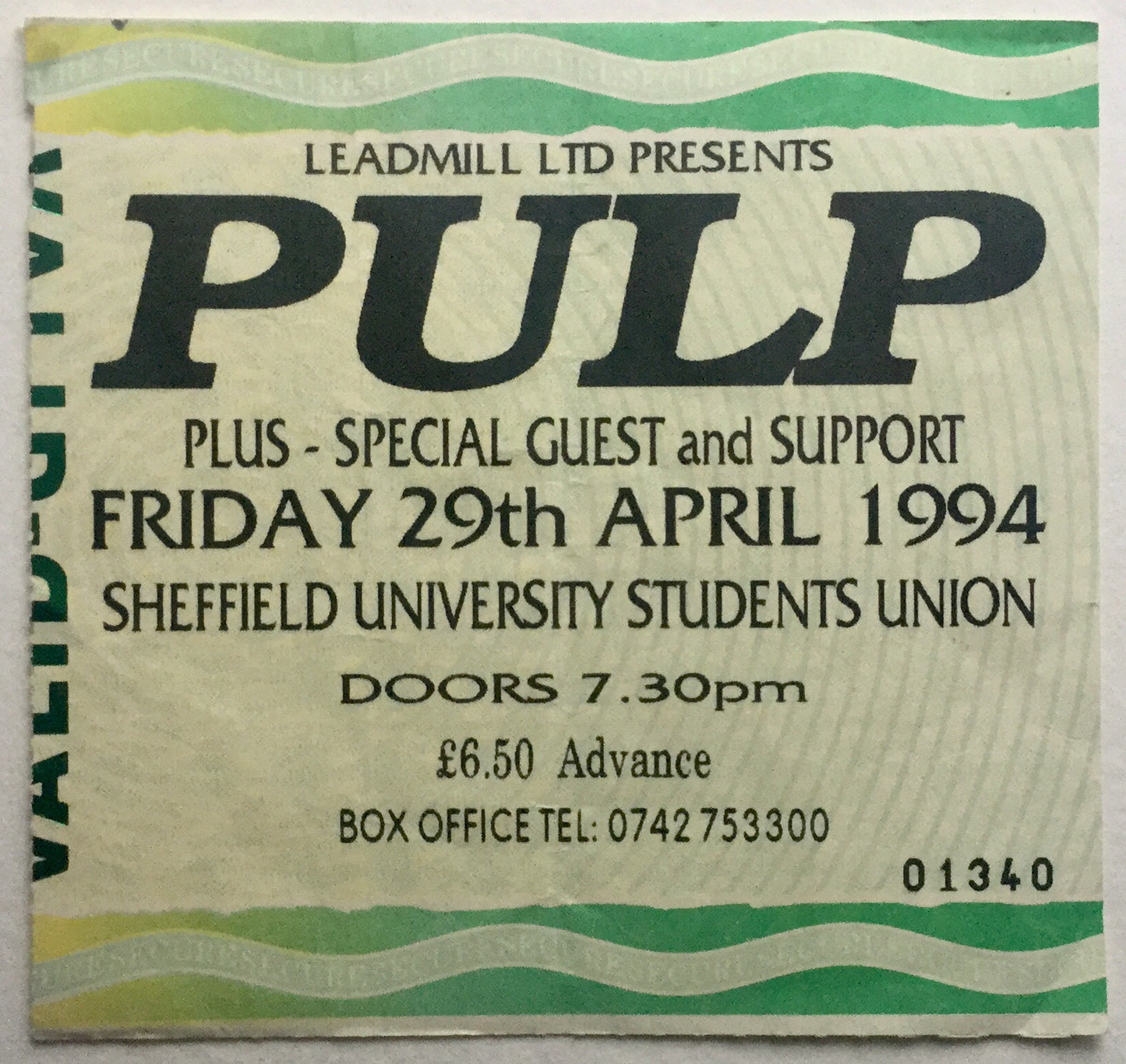 Pulp Original Used Concert Ticket Sheffield University 29th Apr 1994