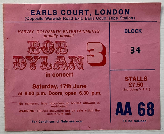 Bob Dylan Original Used Concert Ticket Earls Court London 17th June 1978