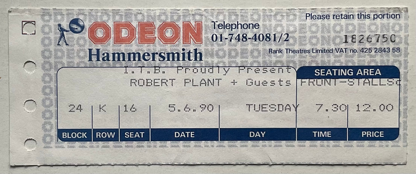 Led Zeppelin Robert Plant Original Used Concert Ticket Hammersmith Odeon London 5th June 1990