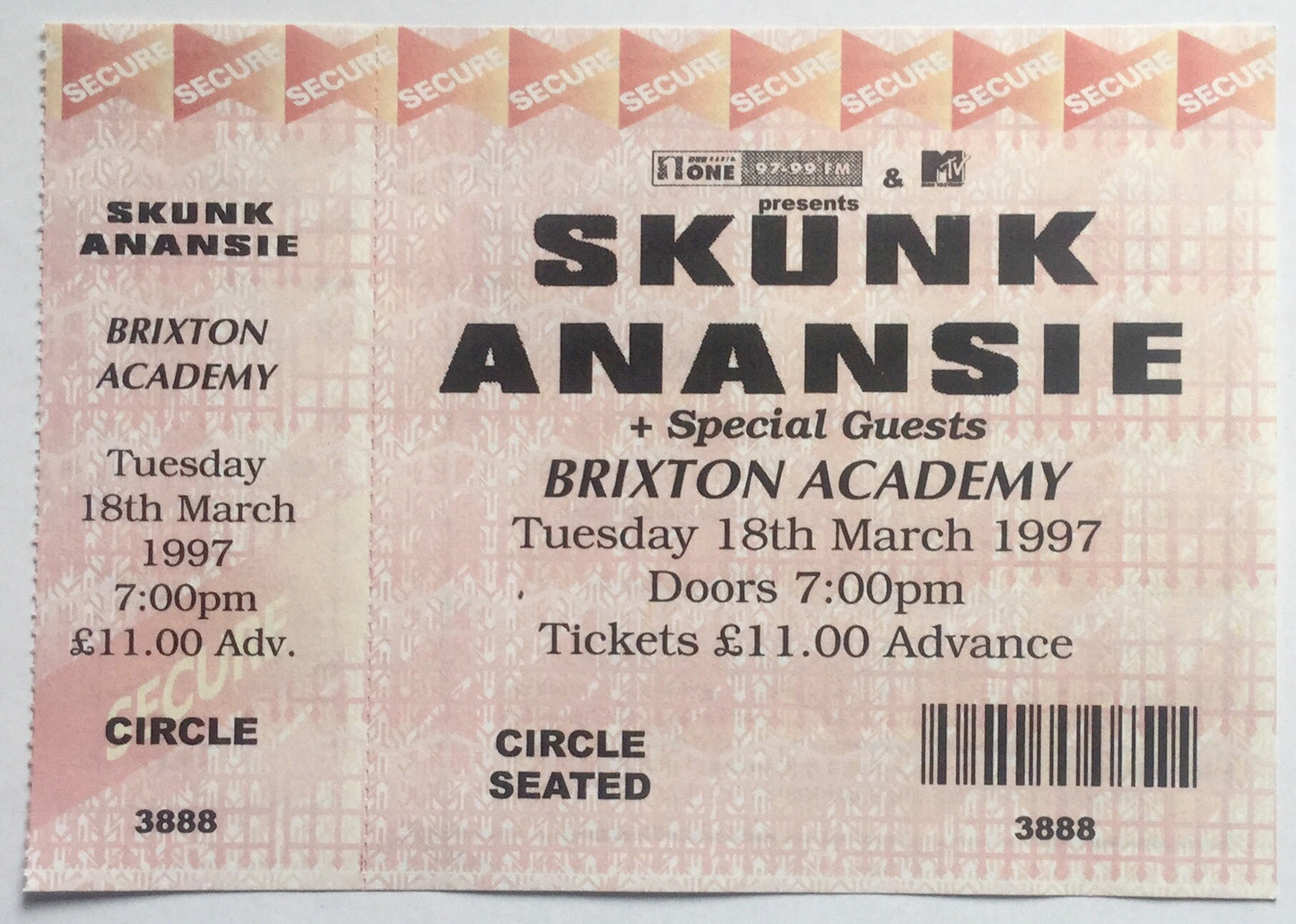 Skunk Anansie Original Unused Concert Ticket Brixton Academy London 18th March 1997