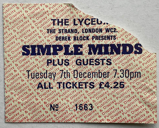 Simple Minds Original Used Concert Ticket Lyceum Ballroom London 7th Dec 1982