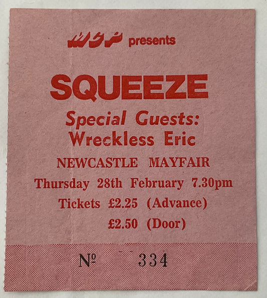 Squeeze Wreckless Eric Original Used Concert Ticket Newcastle Mayfair 28th Feb 1980