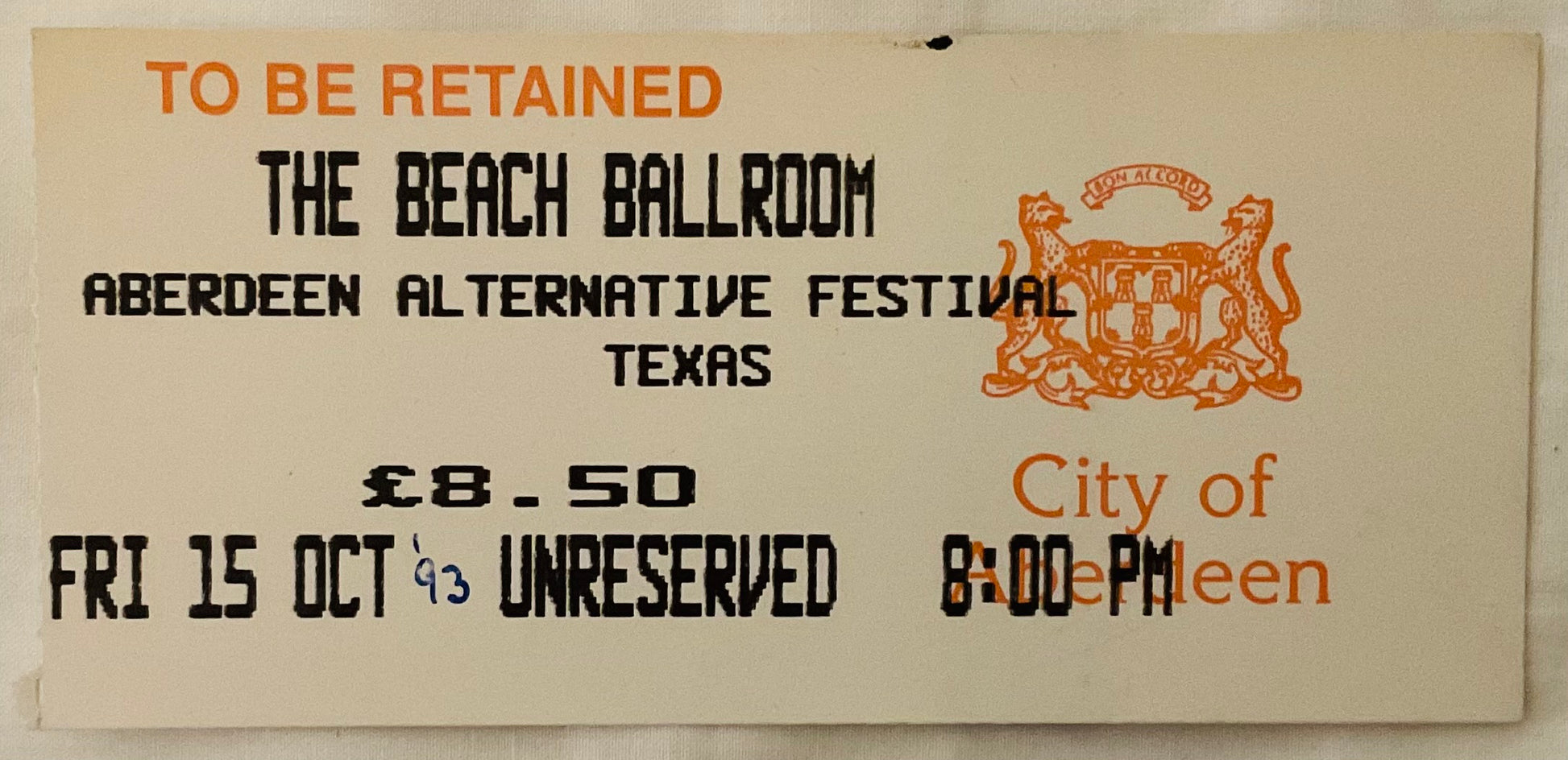 Texas Original Used Concert Ticket Beach Ballroom Aberdeen 15th Oct 1993