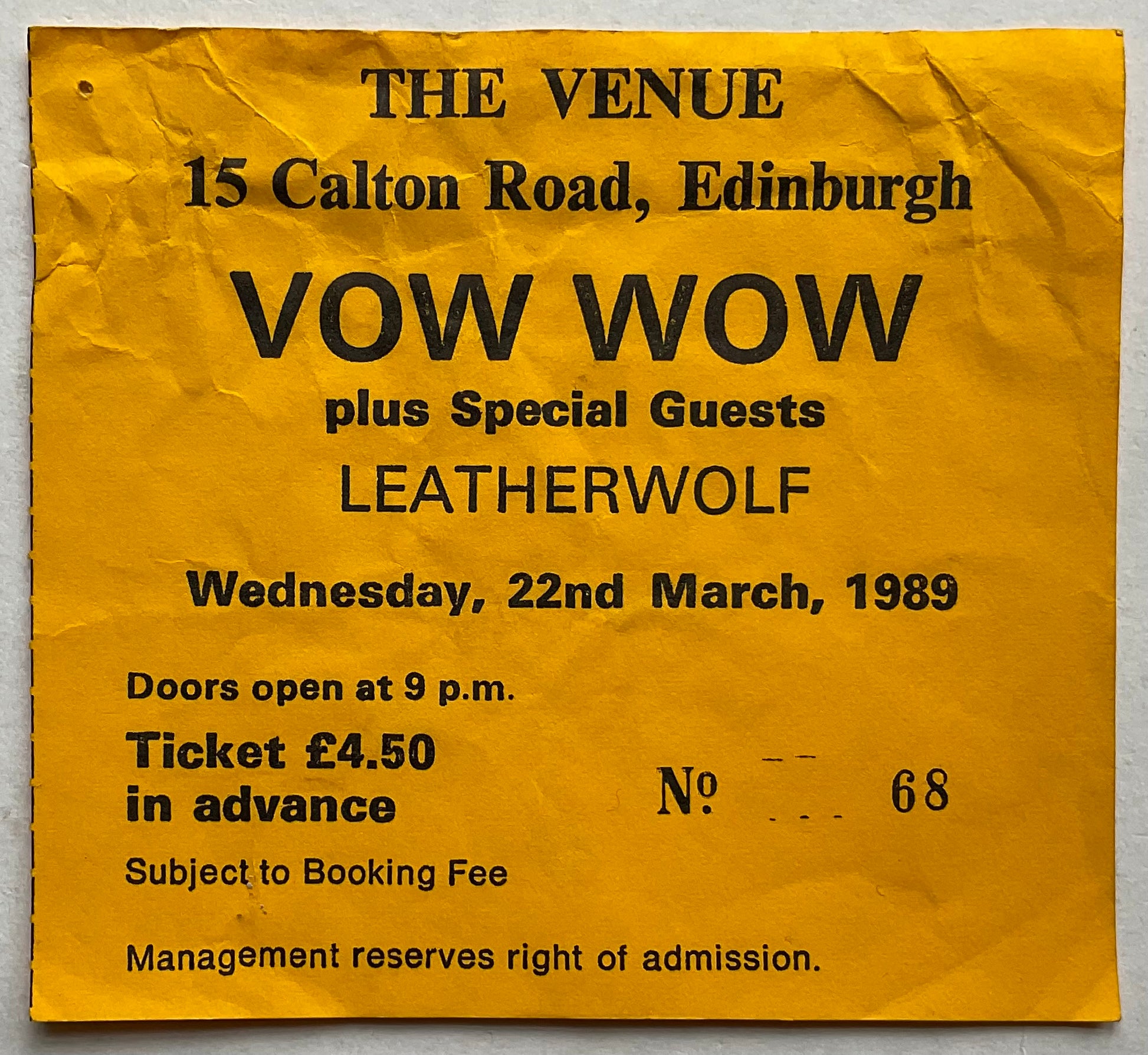 Vow Wow Original Used Concert Ticket Venue Edinburgh 22nd Mar 1989