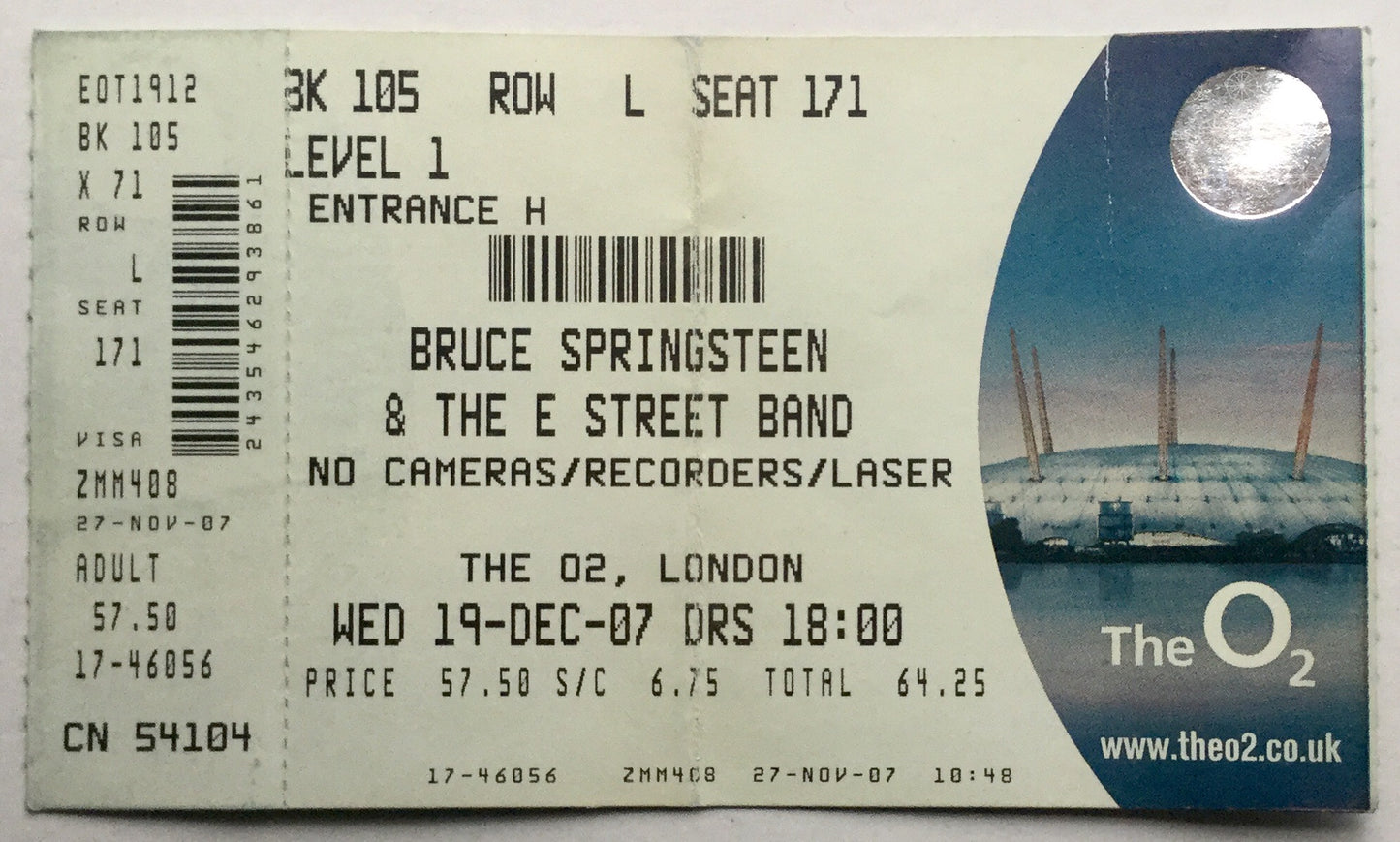 Bruce Springsteen Original Unused Concert Ticket O2 Arena London 19th Dec 2007