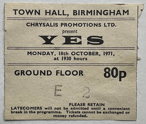 Yes Original Used Concert Ticket Town Hall Birmingham 18th Oct 1971