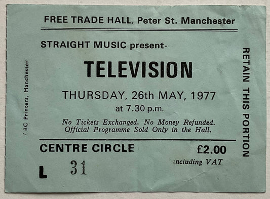 Television Original Used Concert Ticket Free Trade Hall Manchester 26th May 1977