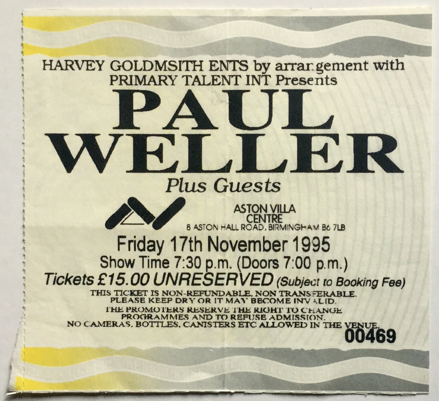 Paul Weller Original Used Concert Ticket Aston Villa Centre Birmingham 17th Nov 1995