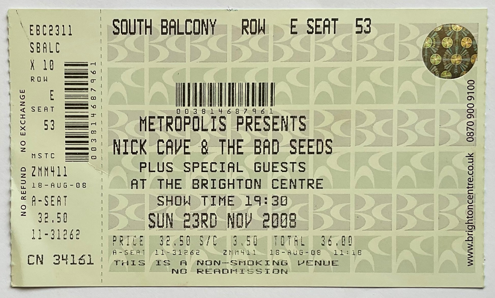 Nick Cave & The Bad Seeds Original Unused Concert Ticket Brighton Centre 23rd Nov 2008